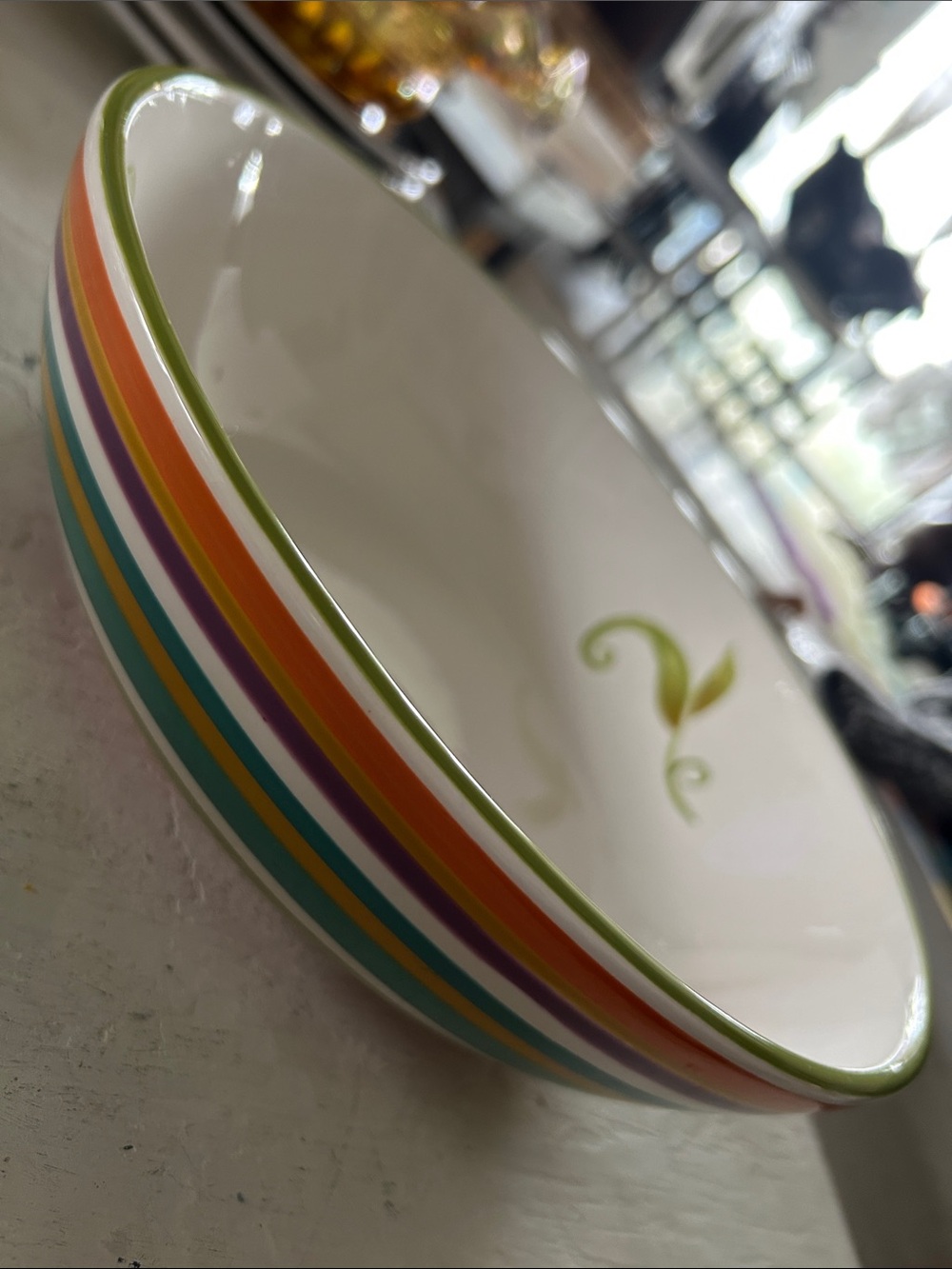 Clay Art White Ceramic Serving Bowl with Green Trim and Leaf Motif